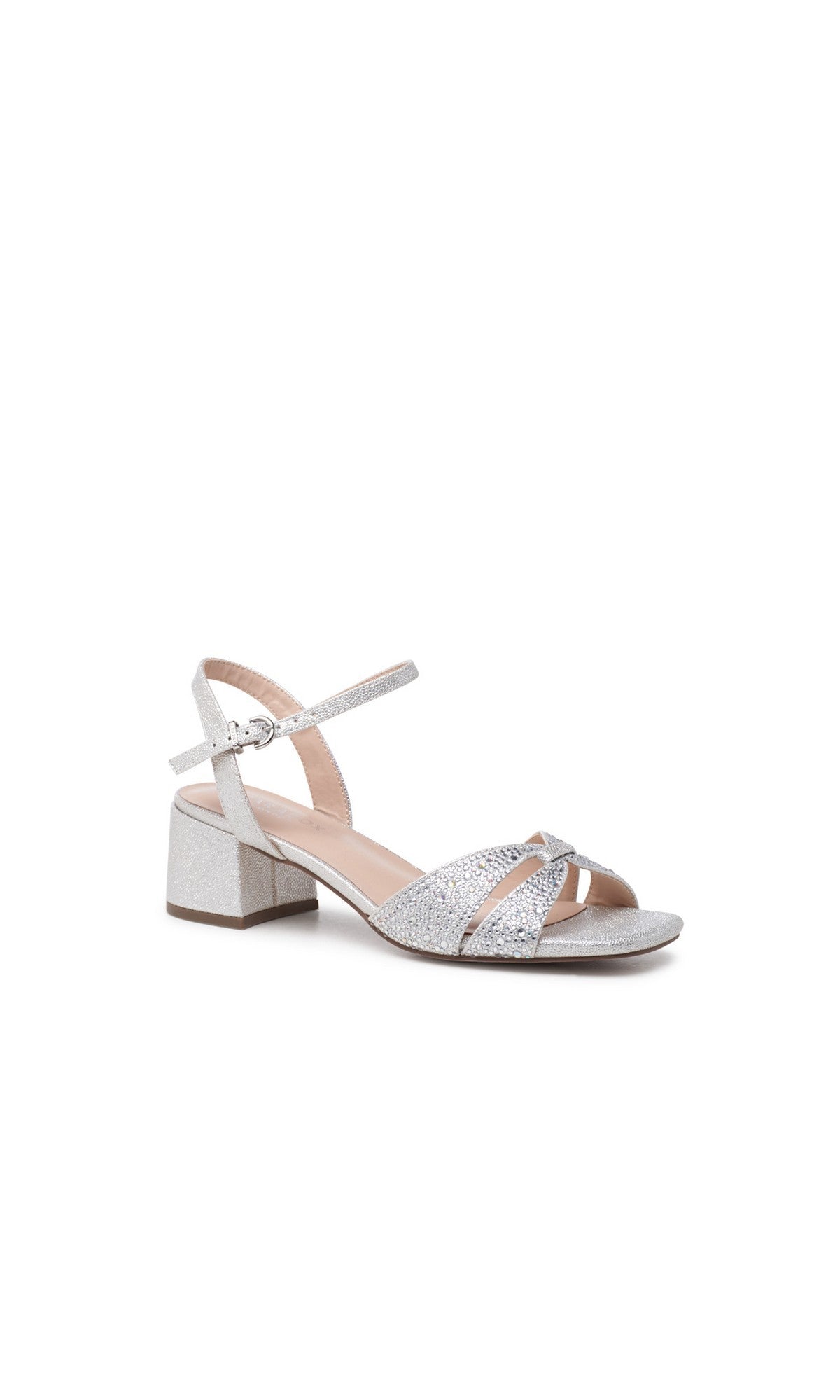The Marquise Silver Prom Shoes by Paradox London (P2607) feature a silver open toe, low block heel, ankle strap, and glitter detail on the upper—shown on a white background—perfect for prom.